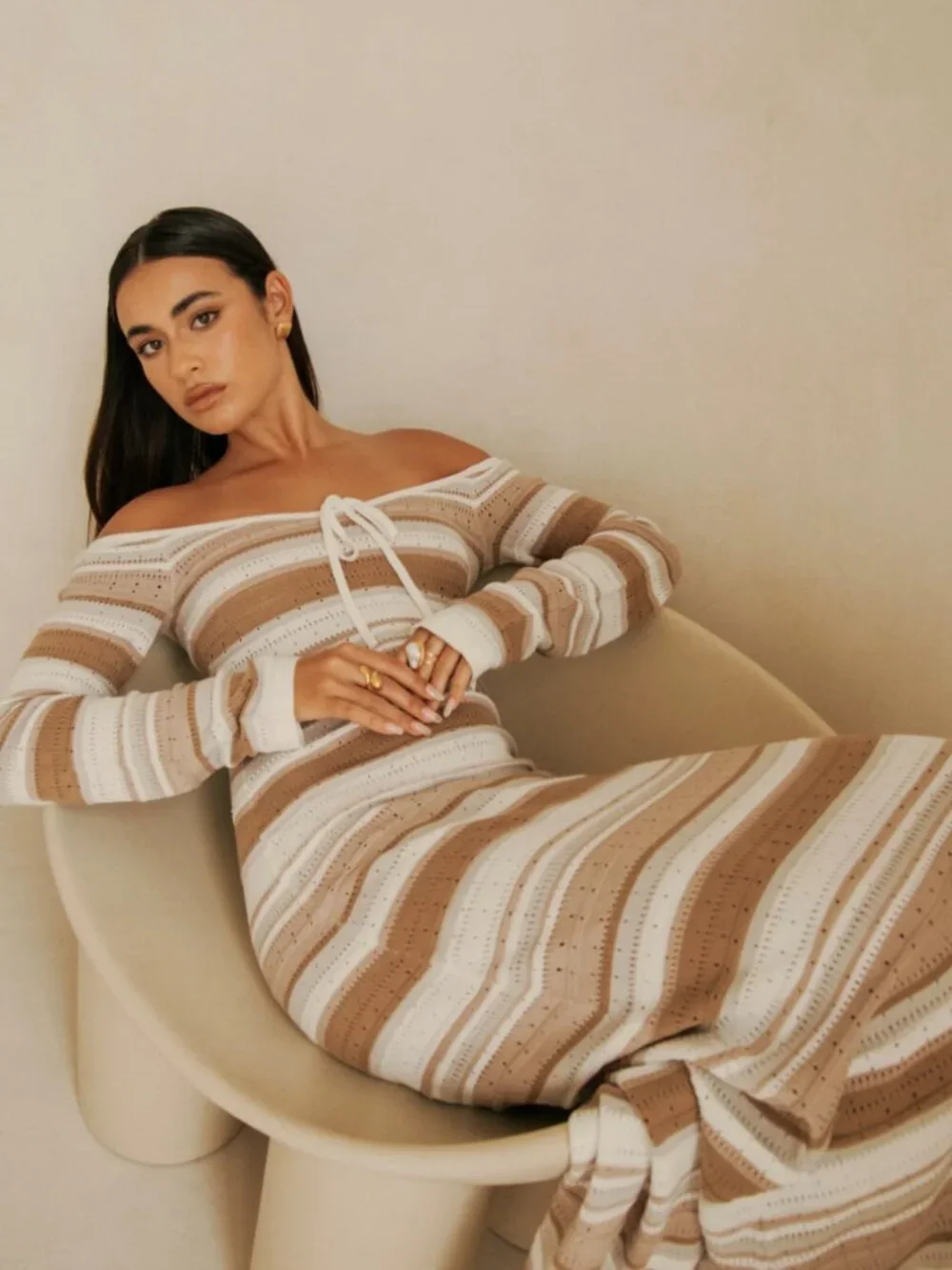 Sabo Brown and White Stripe Knit Long Sleeve Maxi Dress NWT - Small - Picture 2 of 8